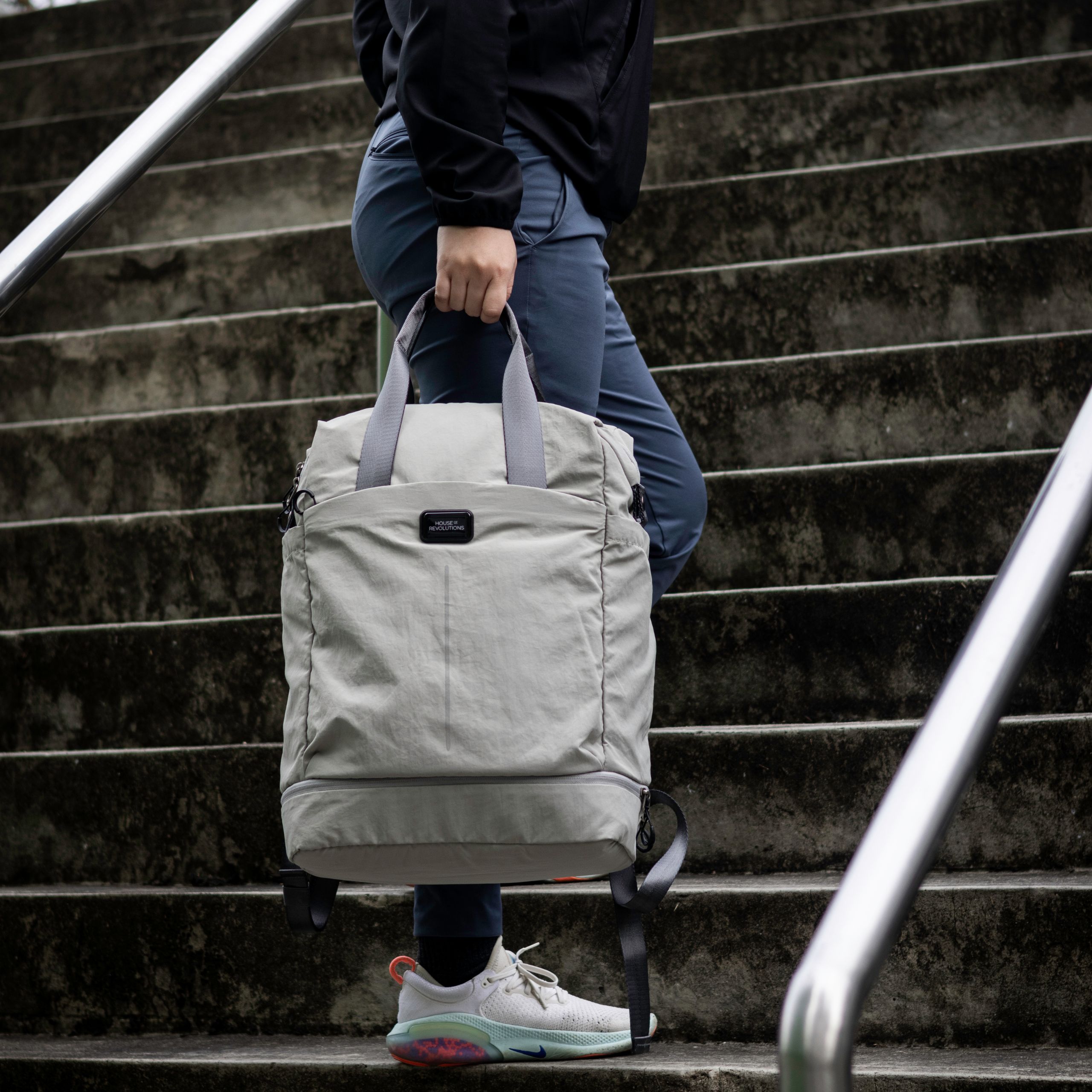 Sustainable Eco-Friendly Recycled Nylon Backpack grey lifestyle