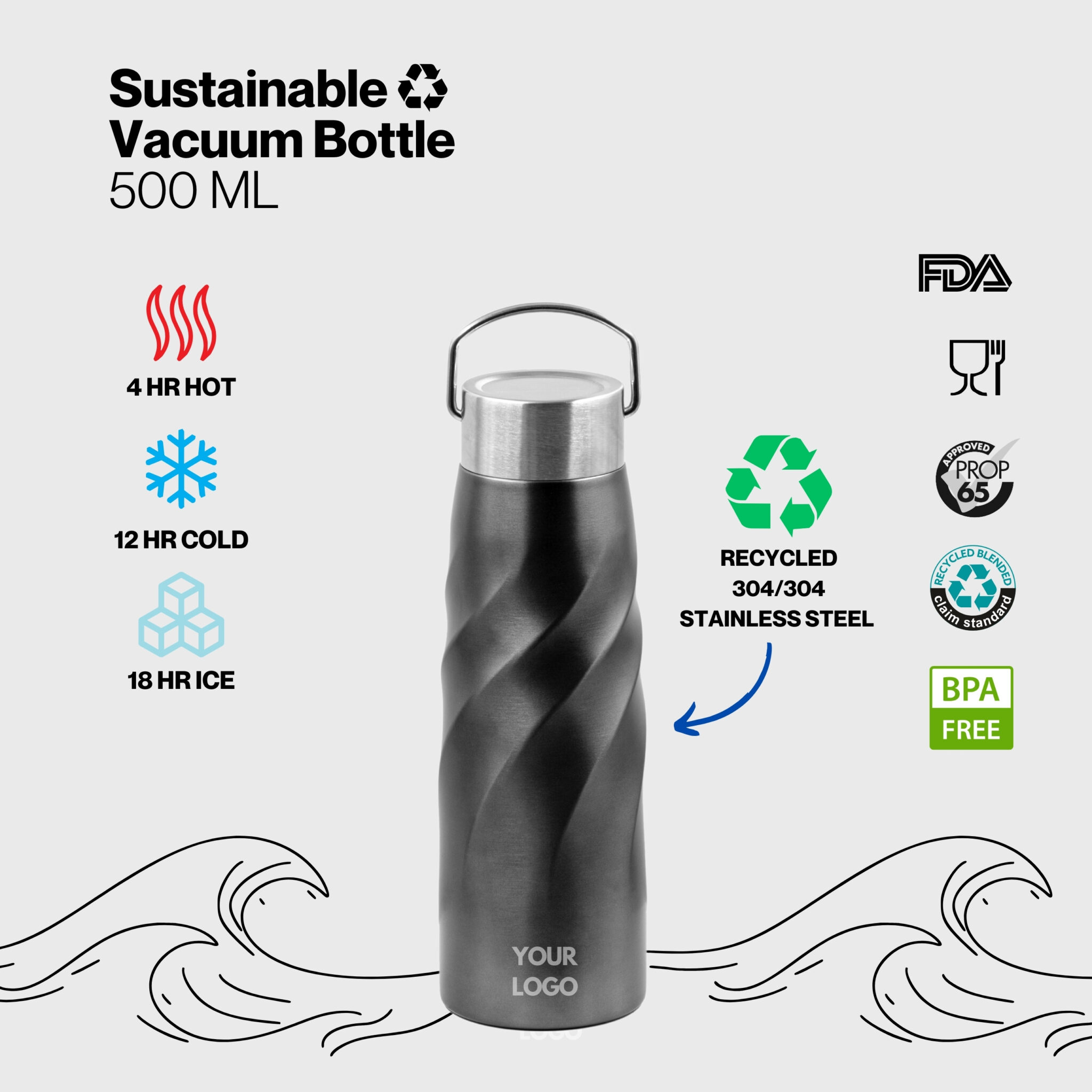 Sustainable Eco-Friendly Vacuum Bottle Double-Walled 500ml with details