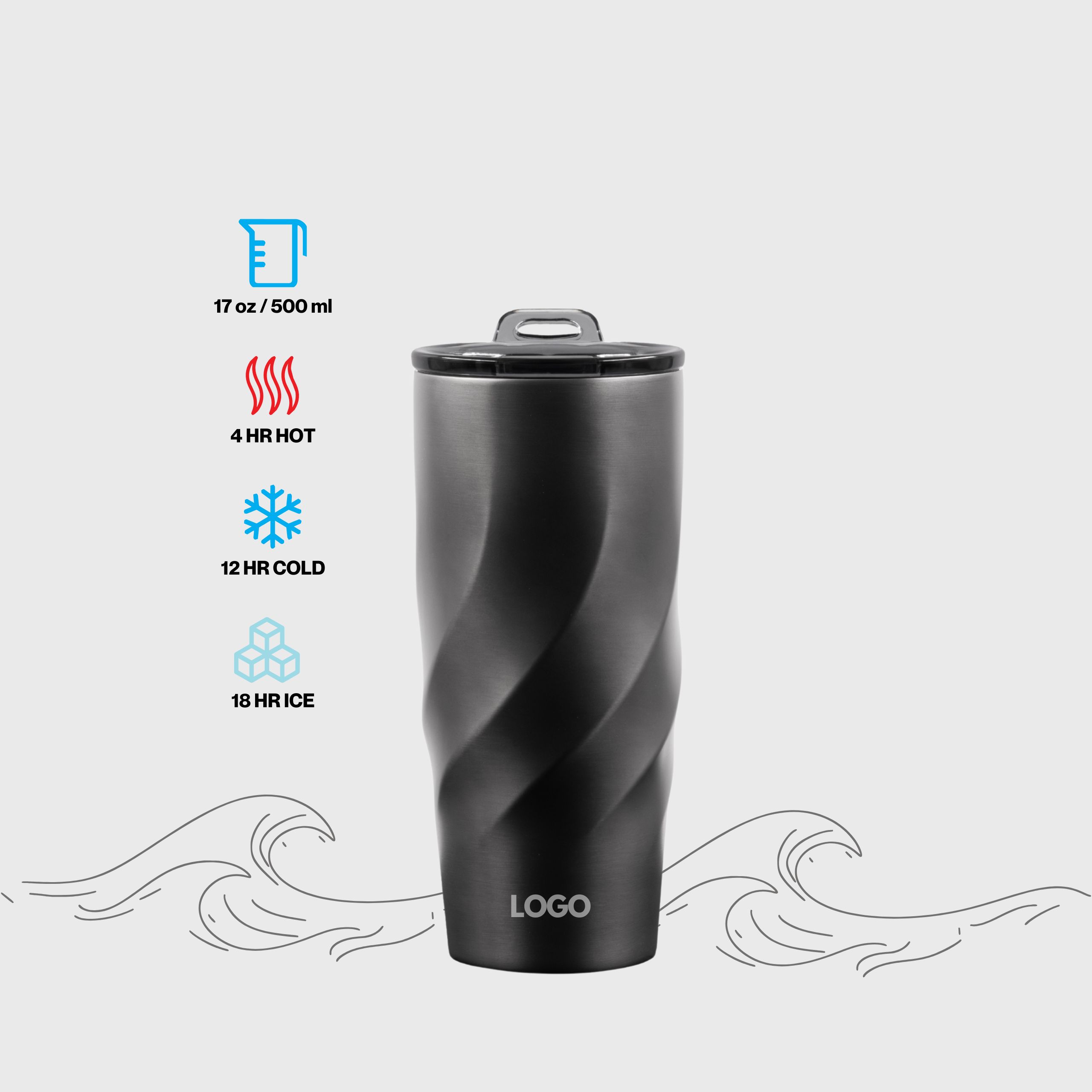 sustainable eco friendly double-wall tumbler drinkware made from recycled stainless steel for corporate gifting in singapore 500ml metallic wave design